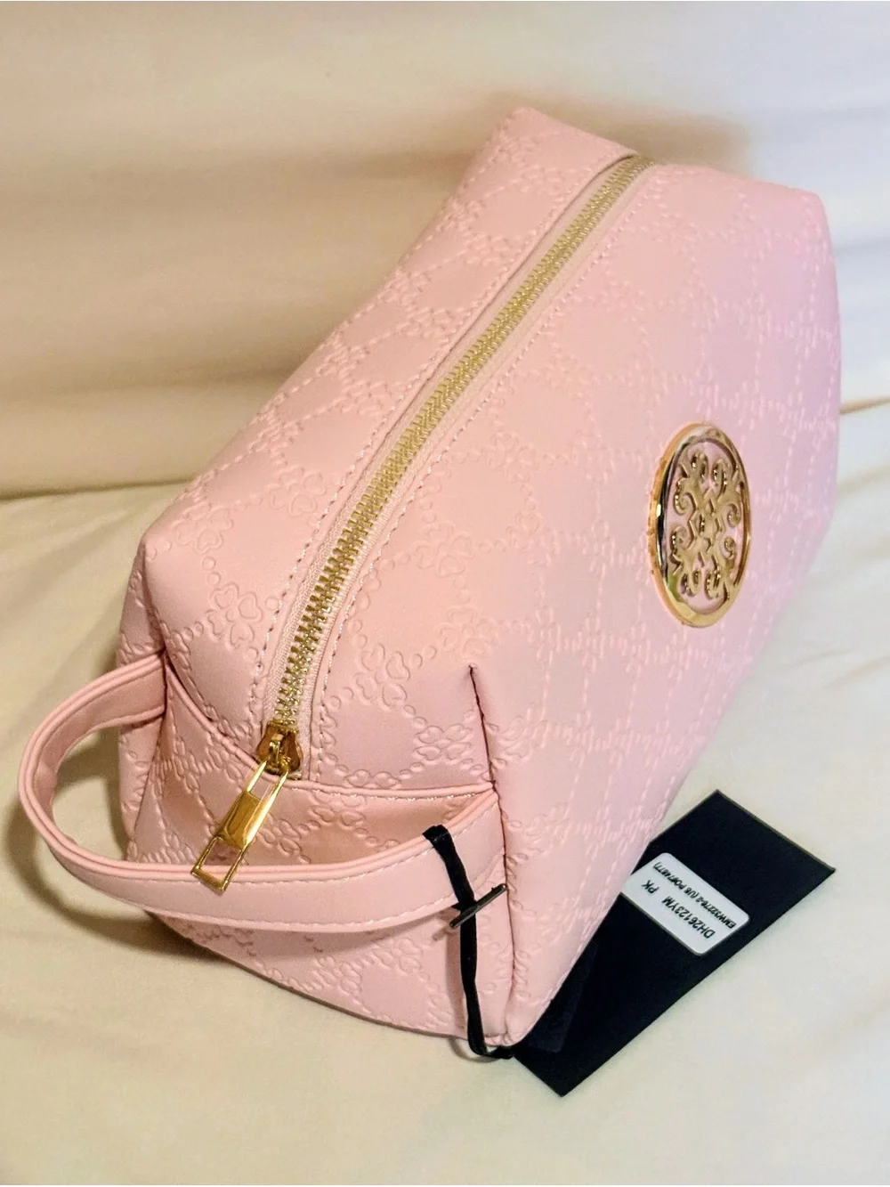 Deluxity Pink Women’s Quilted Cosmetic Bag w/ Gold Emblem